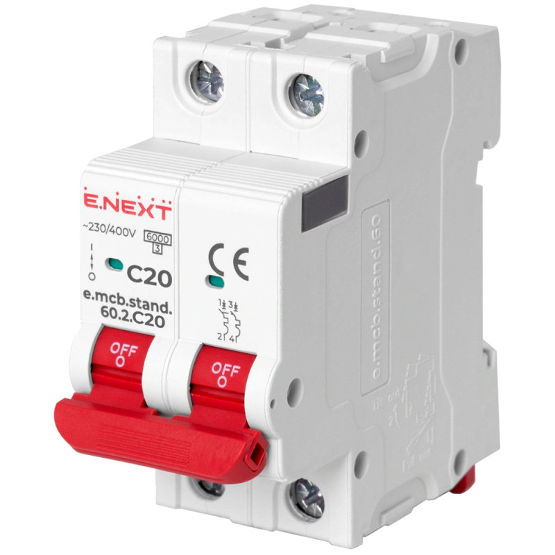 Модульный автоматический выключатель Enext e.mcb.stand.60.2.C20, 2р, 20А, C, 6кА